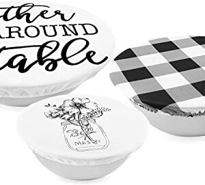 AuldHome Reusable Fabric Bowl Covers (Set of 3); Rustic Farmhouse Themed Black and White Stretchy Cloth Bowl Covers