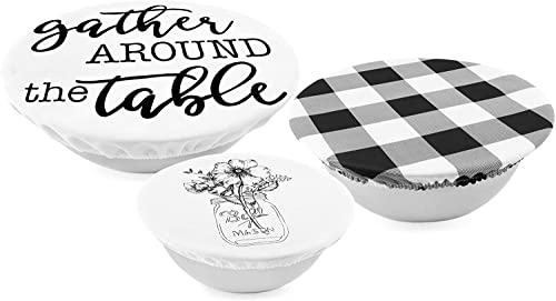 AuldHome Reusable Fabric Bowl Covers (Set of 3); Rustic Farmhouse Themed Black and White Stretchy Cloth Bowl Covers