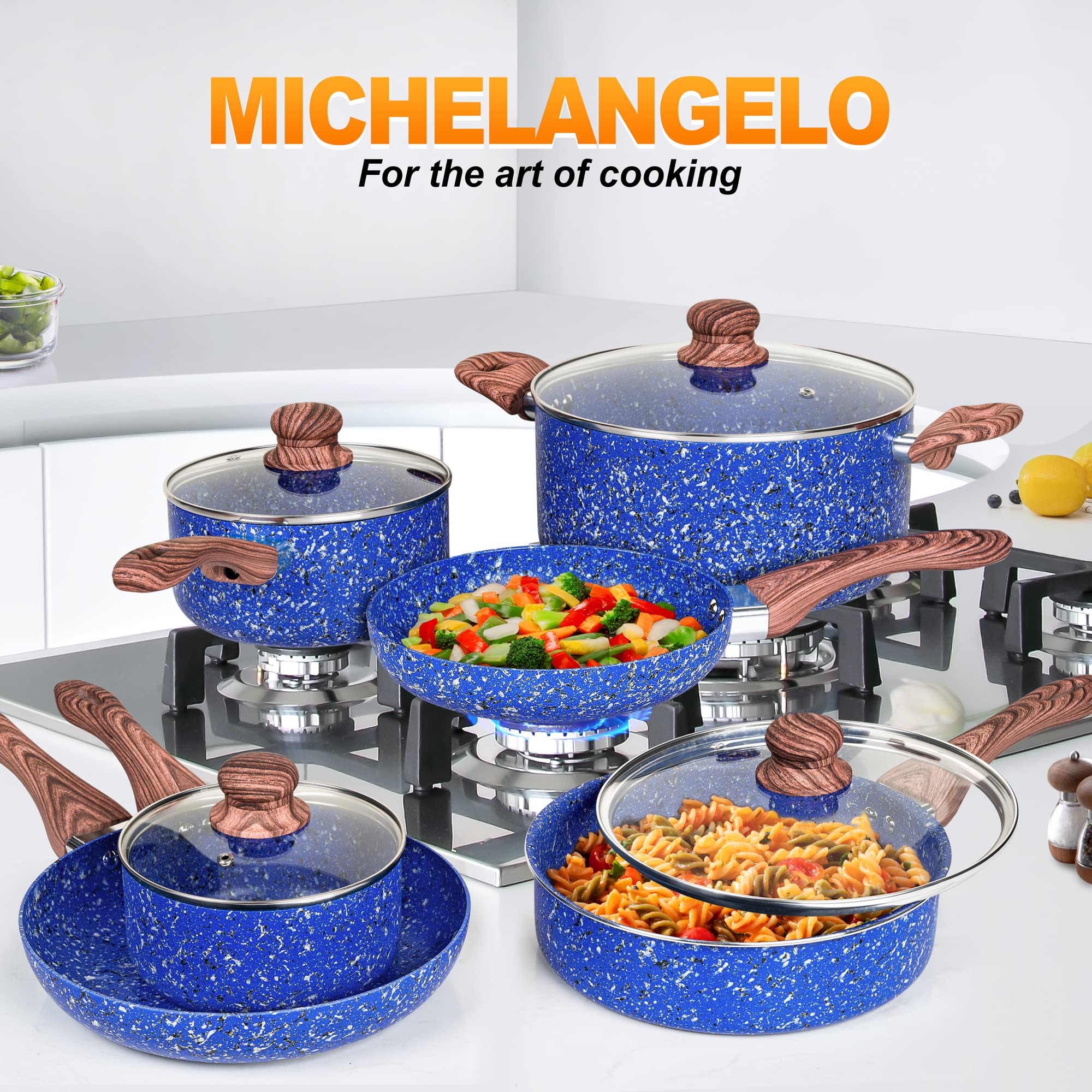 MICHELANGELO Pots and Pans Set 15 Piece with with Non- toxic Stone-Derived Interior, Nonstick Kitchen Cookware Set with Utensils