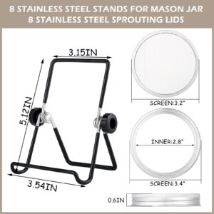 Tessco 8 Sets Sprouting Jar Kit Includes Sprouting Lids and Stainless Steel Sprouting Stands Mason Jar Screen Lids for Sprouting Growing Seeds