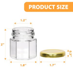 1.5 oz Hexagon Glass Jars with Gold Lids, 30 Pack Honey Jars Canning Jars Small Spice Jars for Jelly, Herb, Jams, Candy, Wedding Favors, Includes Labels and Pen