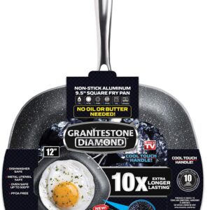 Granitestone 2149 Shallow Square Pan, Ultra Non-stick & Scratchproof Aluminum Fry Pans, Mineral-enforced, Oven & Dishwasher Safe with Cool Touch Handles, PFOA-Free Cookware - As Seen On TV (12 inch)