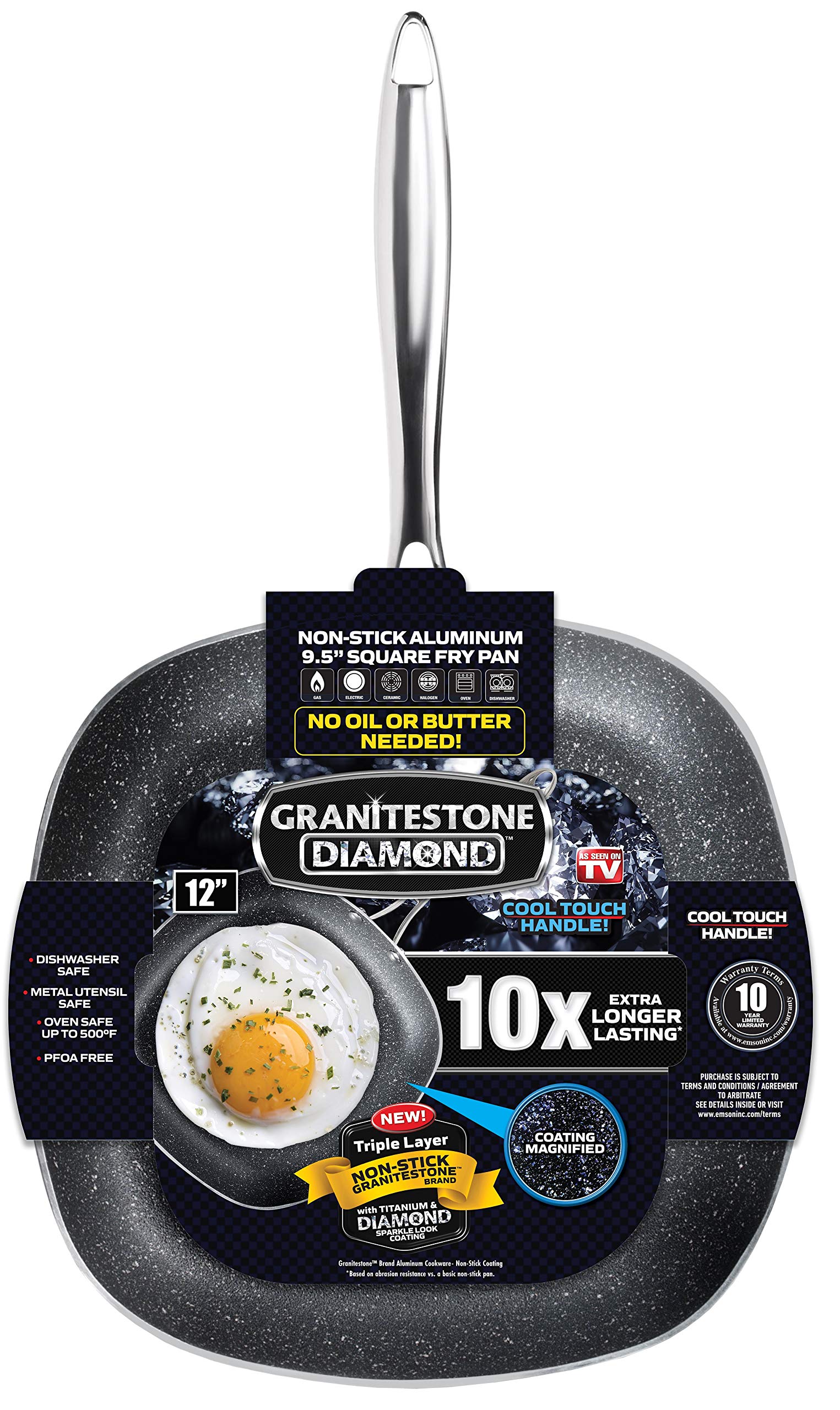 Granitestone 2149 Shallow Square Pan, Ultra Non-stick & Scratchproof Aluminum Fry Pans, Mineral-enforced, Oven & Dishwasher Safe with Cool Touch Handles, PFOA-Free Cookware - As Seen On TV (12 inch)