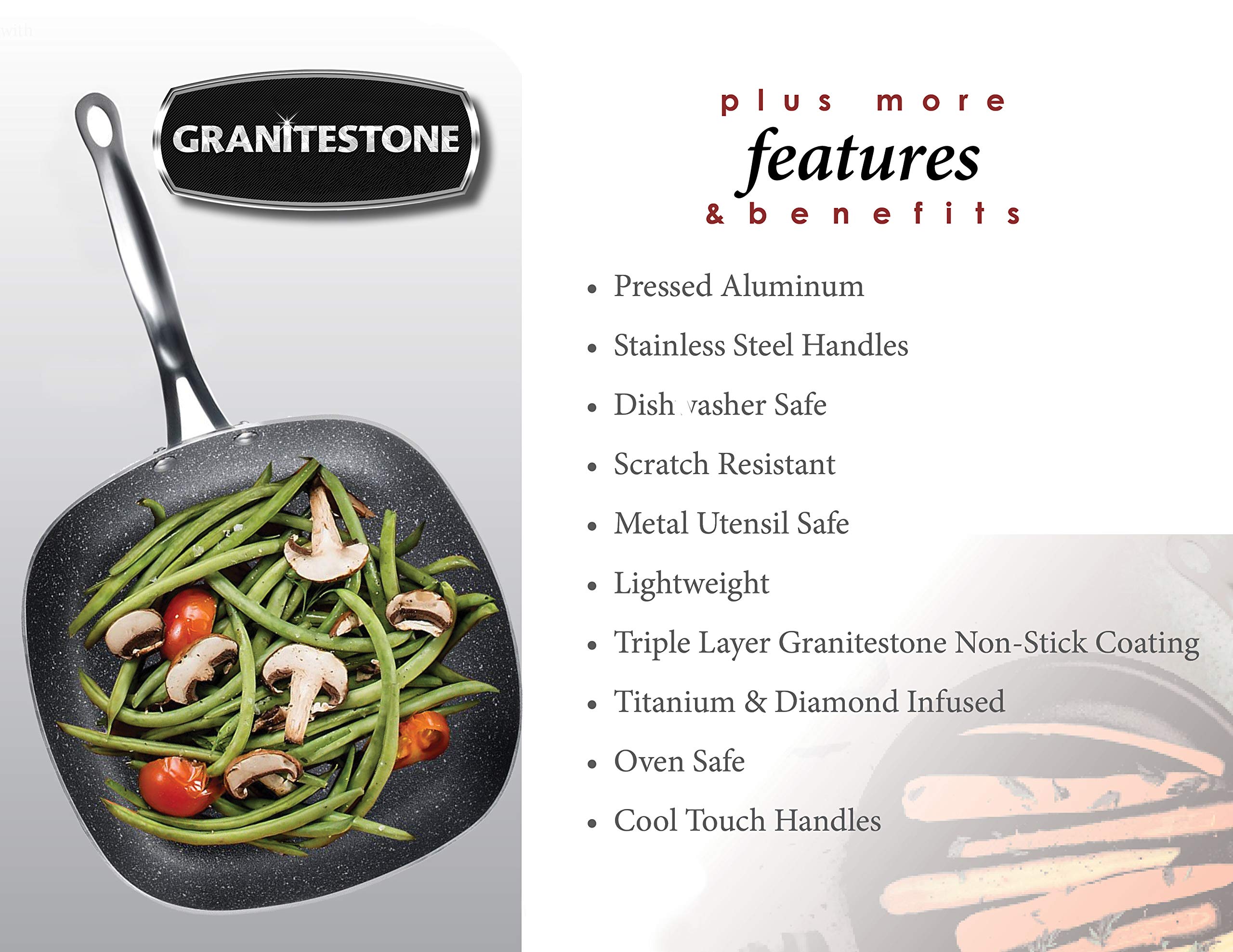 Granitestone 2149 Shallow Square Pan, Ultra Non-stick & Scratchproof Aluminum Fry Pans, Mineral-enforced, Oven & Dishwasher Safe with Cool Touch Handles, PFOA-Free Cookware - As Seen On TV (12 inch)