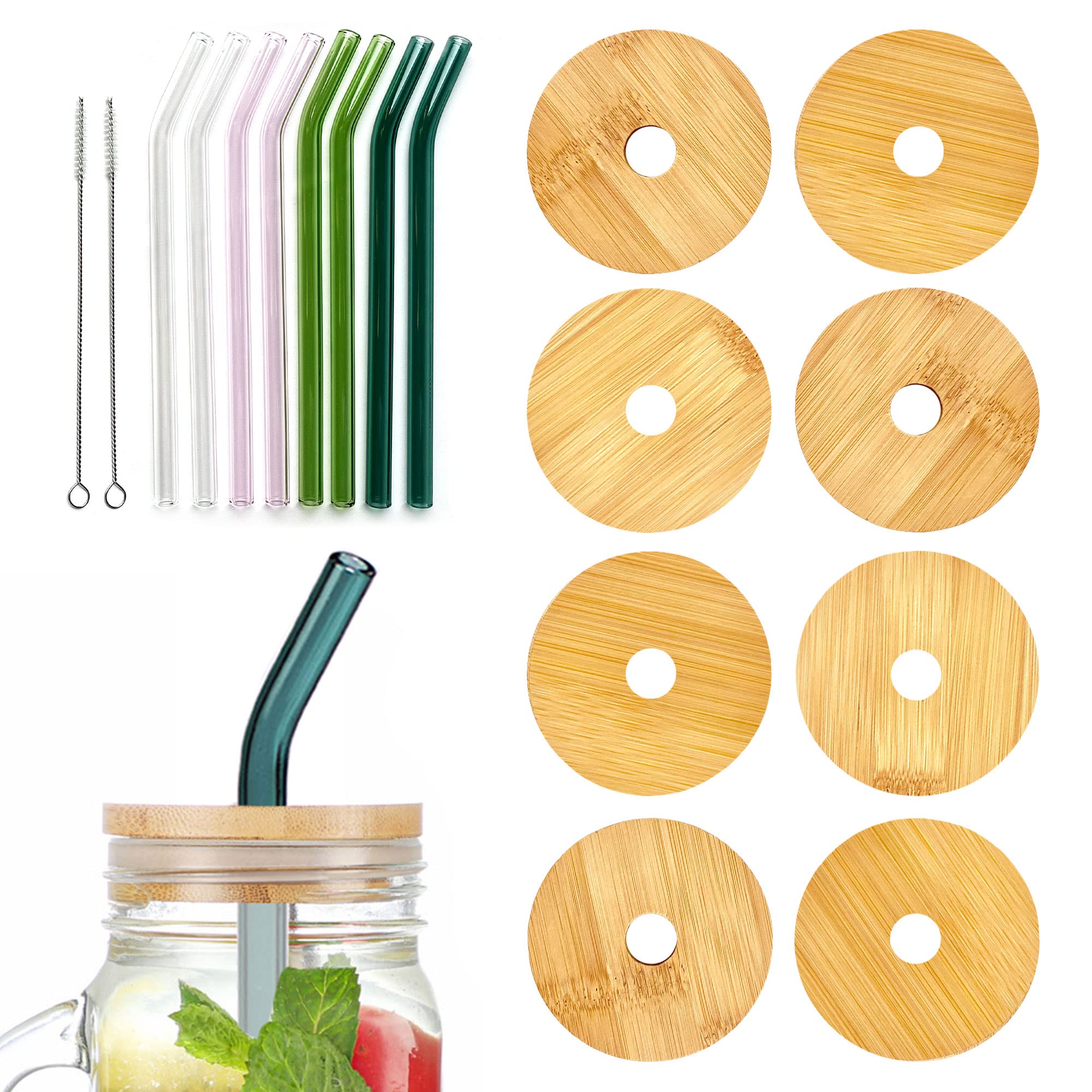 8 Piece Mason Jar lids with straw hole, Bamboo Mason Jar Lids, Bamboo Lids for Beer Can Glass, Mason Jar Drinking Lids With 8 Pcs Bent Glass Straws and 2 Cleaning Brushes, Wooden Mason Jar Lids