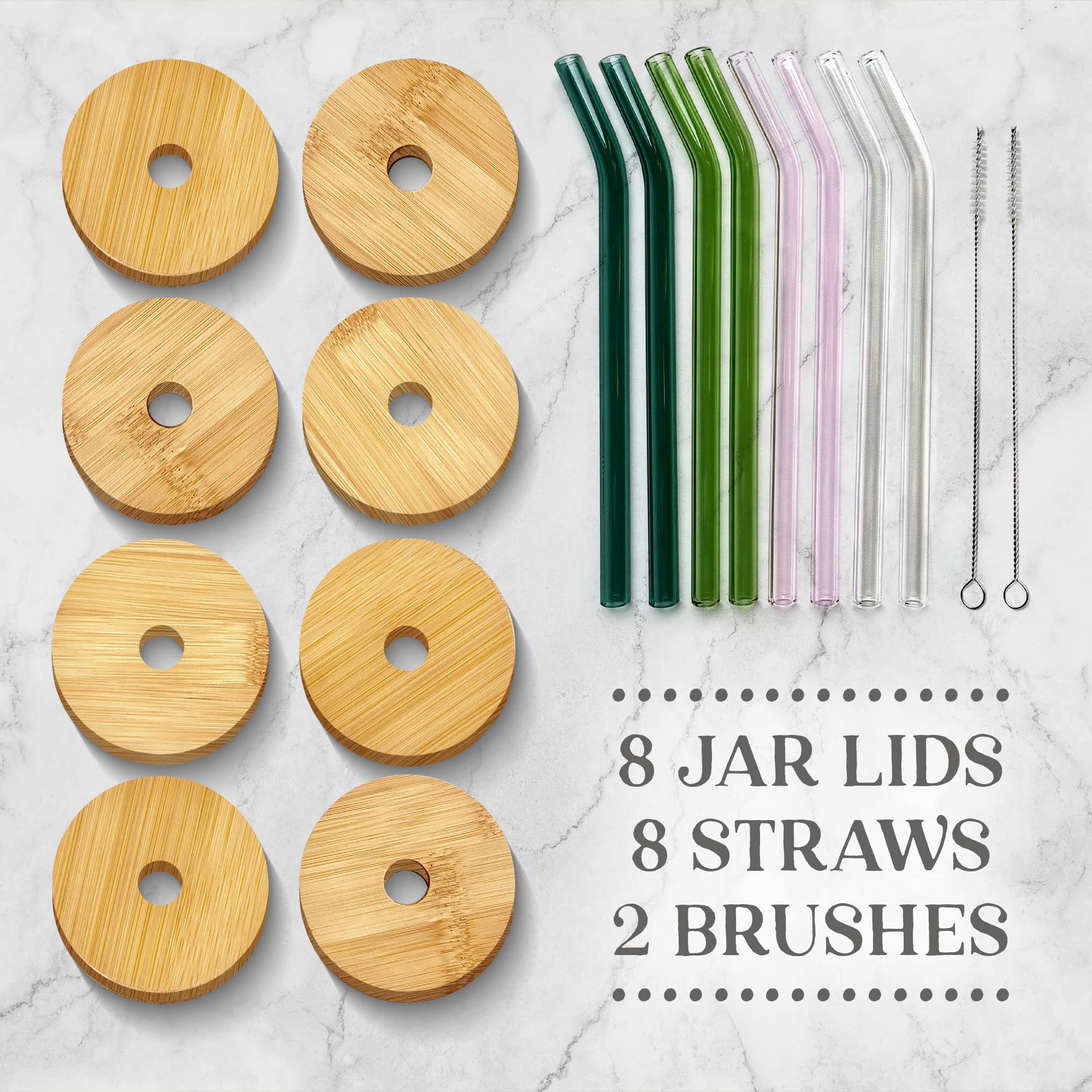 8 Piece Mason Jar lids with straw hole, Bamboo Mason Jar Lids, Bamboo Lids for Beer Can Glass, Mason Jar Drinking Lids With 8 Pcs Bent Glass Straws and 2 Cleaning Brushes, Wooden Mason Jar Lids