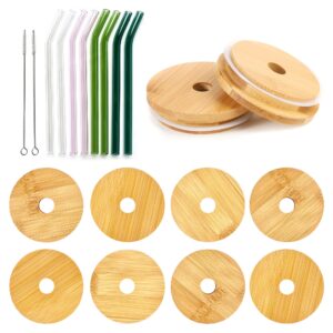 8 Piece Mason Jar lids with straw hole, Bamboo Mason Jar Lids, Bamboo Lids for Beer Can Glass, Mason Jar Drinking Lids With 8 Pcs Bent Glass Straws and 2 Cleaning Brushes, Wooden Mason Jar Lids