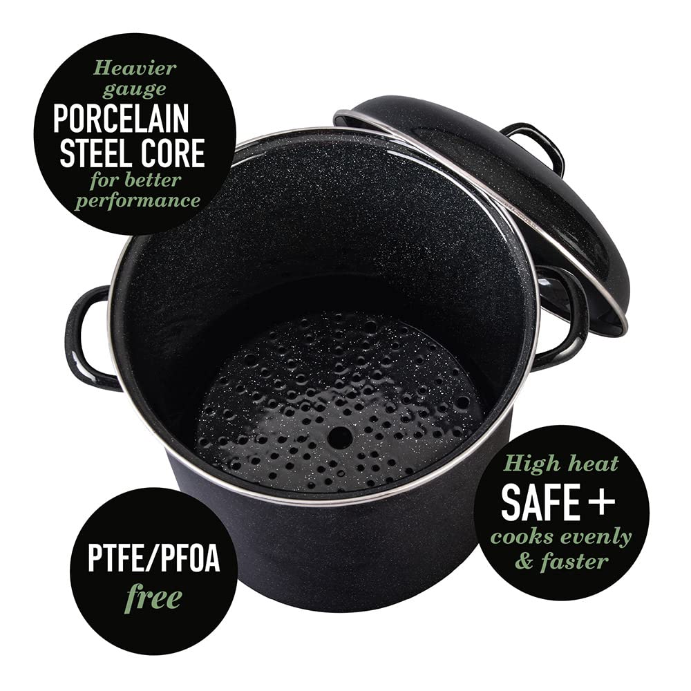 Granite Ware 15 Qt Heavy Gauge Seafood, Tamale, Steamer Pot with Lid and Trivet. (Speckled Black) Enamelware. Stainless Steel. Suitable for Cooktops, Oven to table. Dishwasher Safe.