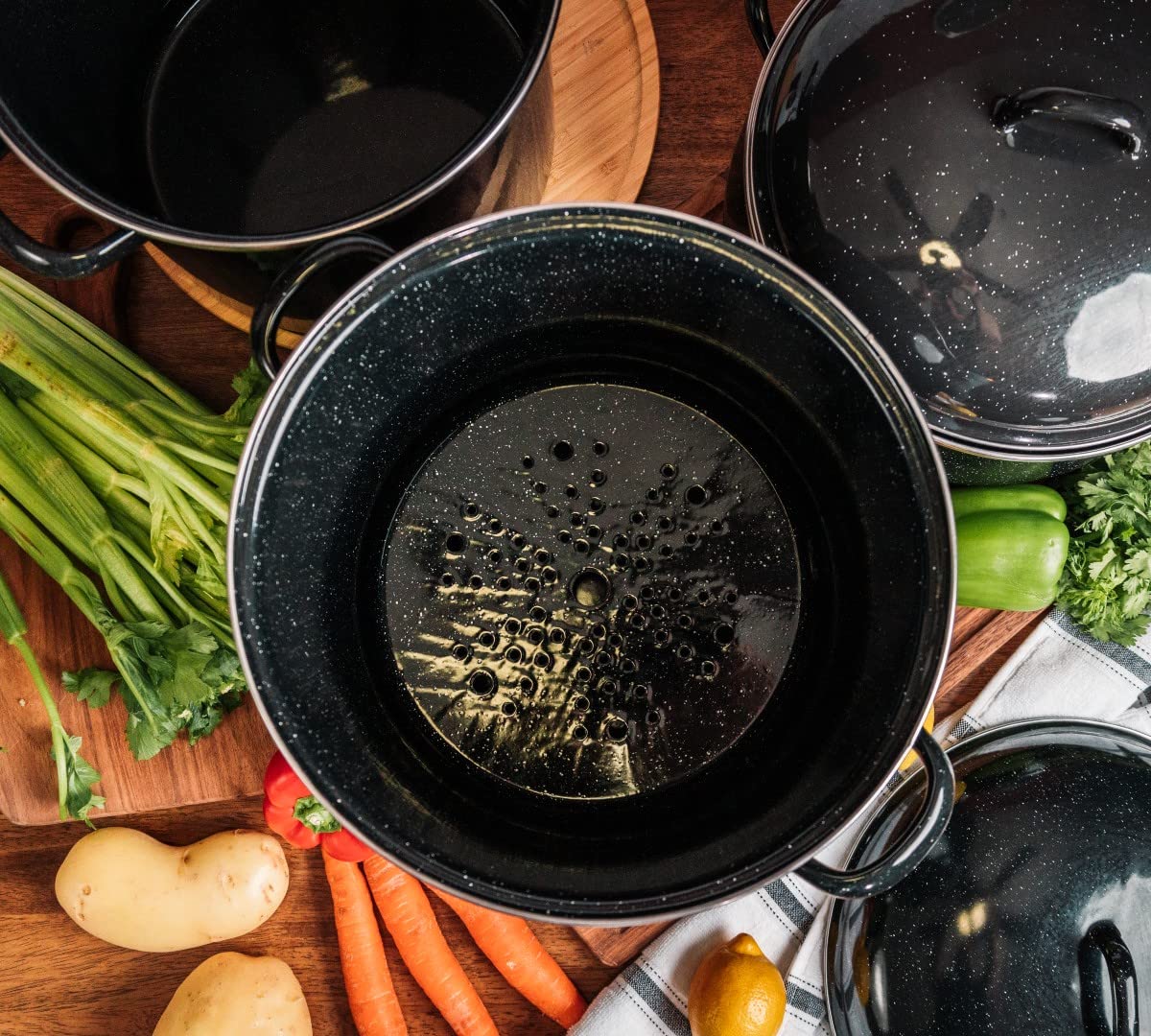 Granite Ware 15 Qt Heavy Gauge Seafood, Tamale, Steamer Pot with Lid and Trivet. (Speckled Black) Enamelware. Stainless Steel. Suitable for Cooktops, Oven to table. Dishwasher Safe.