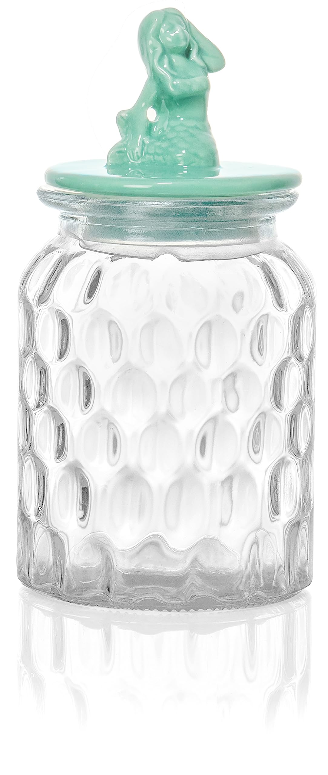 Red Co. 32.75 Oz Dimpled Glass Food Storage Jar with Mermaid Ceramic Airtight Lid, Clear/Teal Blue