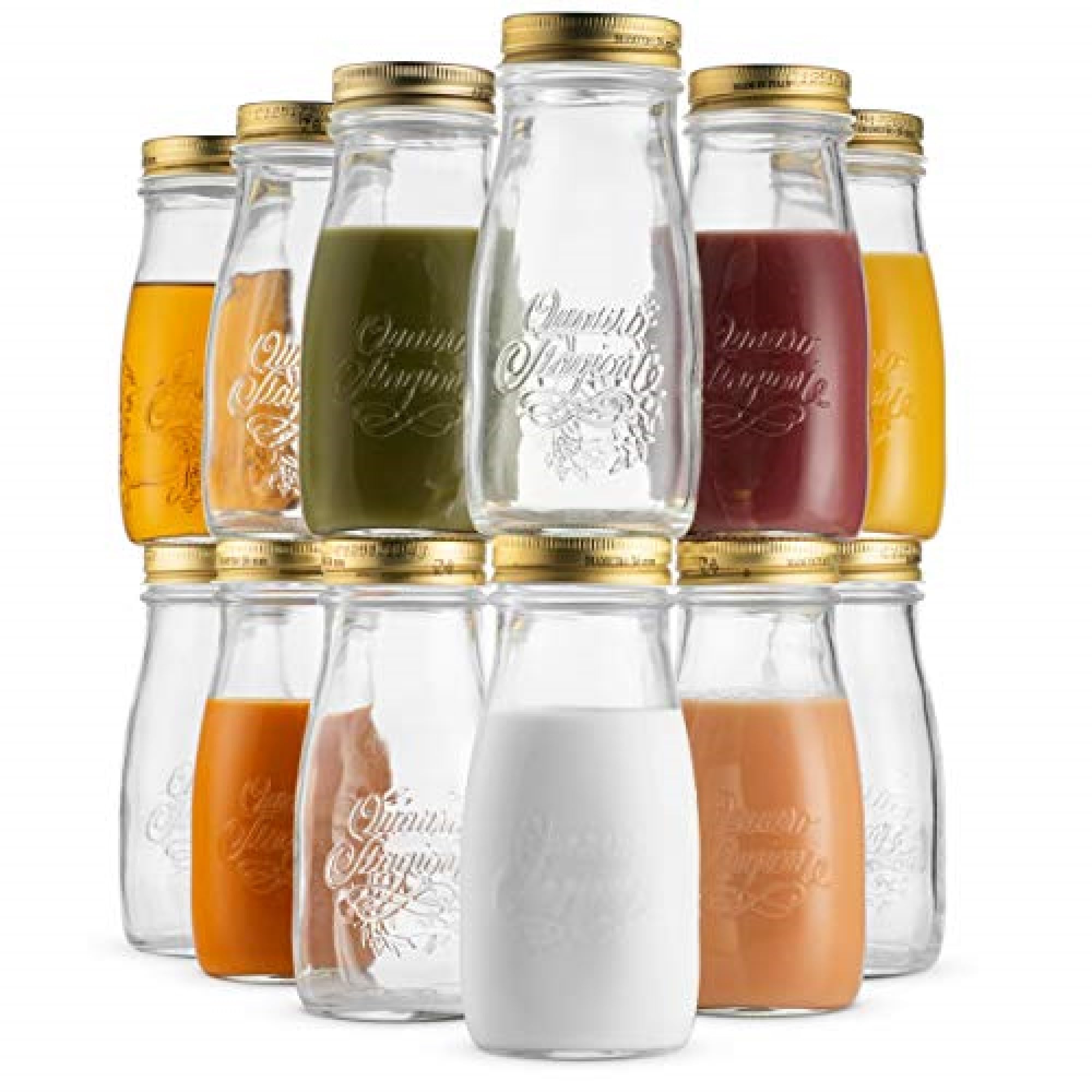 Bormioli Rocco Quattro Stagioni, Set Of 12, Glass Canning Mason Jars And Drinking Bottles, 13.5 Oz. With Gold Metal Airtight Lids, Made In Italy.