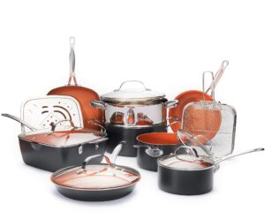 gotham steel ultimate piece all in one chef’s kitchen copper coating – includes skillets, stock pots, deep square pan with fry basket, 15 pc set