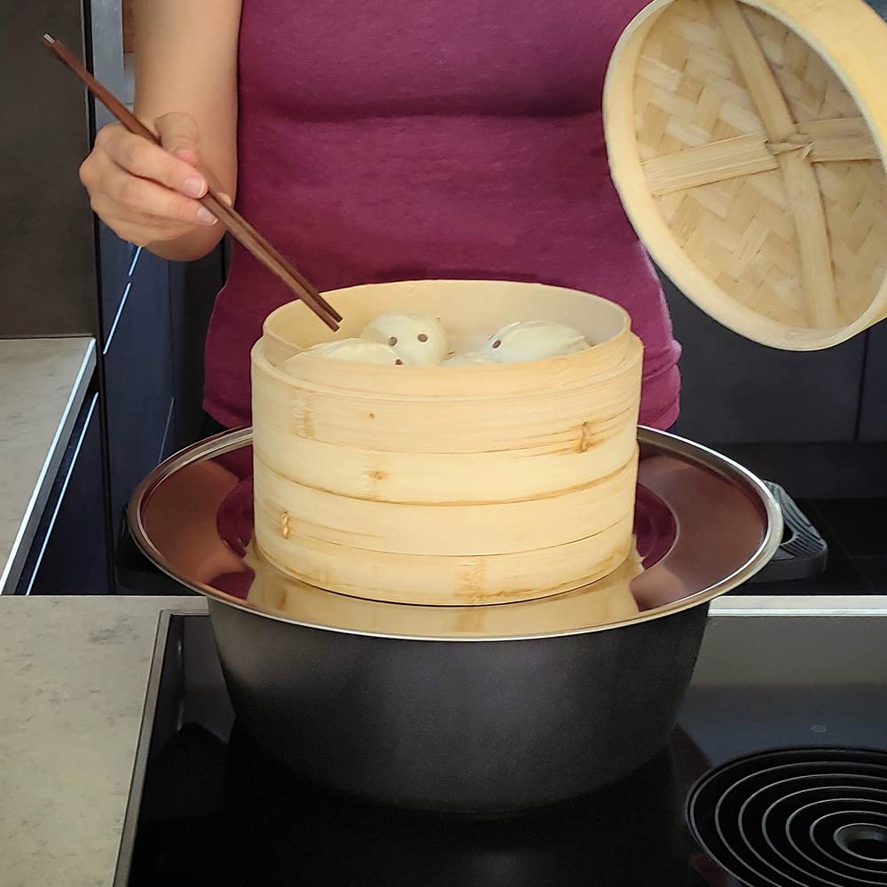 Large Bamboo Steamer Ring Adapter - Stainless Steel - fits 8 to 13 inches Steamers and Pots - 10 Paper Liners included