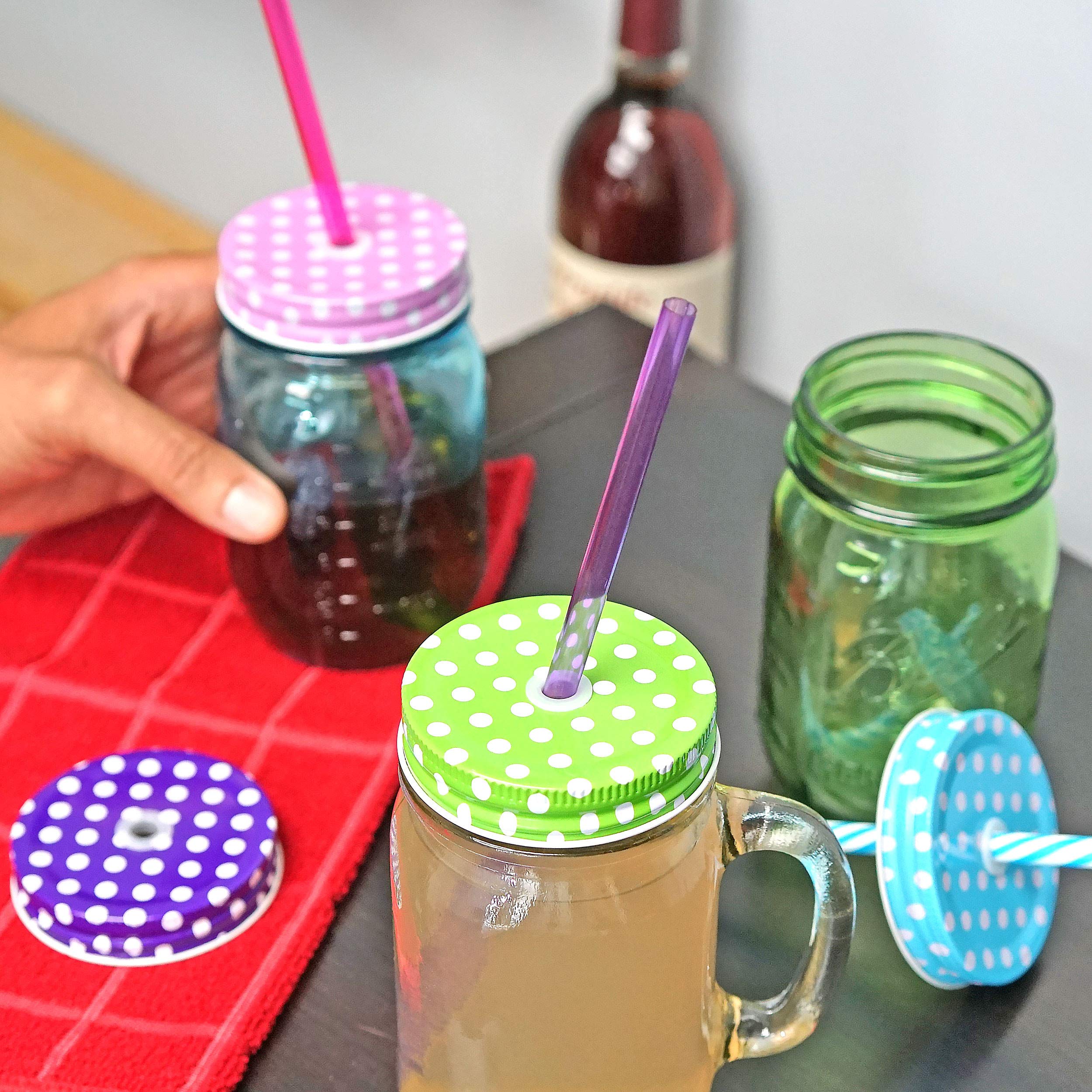 Southern Homewares Polka Dot Pattern Mason Jar Lids for Straws Set of 4 Fun Jar Lids Kids Colorful Jar Lids Straw Holes Small