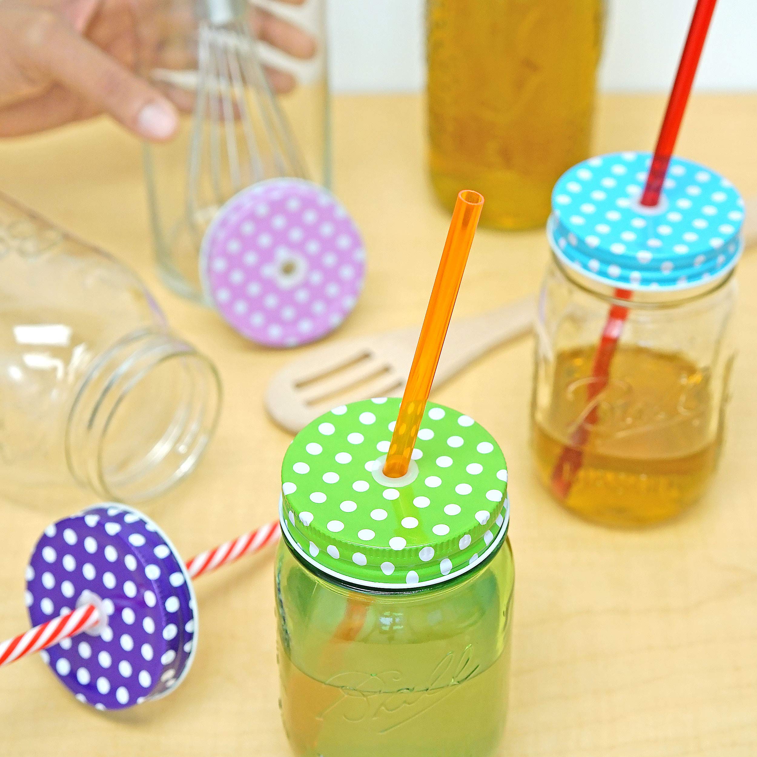 Southern Homewares Polka Dot Pattern Mason Jar Lids for Straws Set of 4 Fun Jar Lids Kids Colorful Jar Lids Straw Holes Small