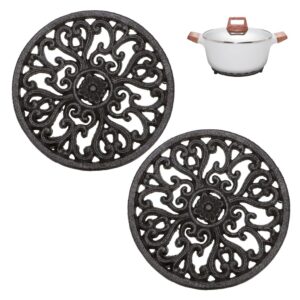 sumnacon 2pcs round cast iron trivets - 6.7 inch heat resistant iron trivets for hot dish pot pan plate teapot, rustic cast iron hot dish plate holder for kitchen dining table countertop cooktop
