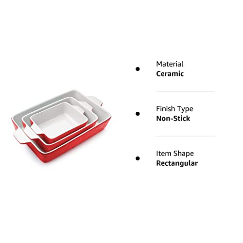 Krokori Casserole Dishes for Oven, Baking Dishes Lasagna Pan Ceramic Baking Pan Deep Glaze Bakeware for Cooking, Kitchen, Cake Dinner, Banquet and Daily Use, 3PCS (11.6 x 7.8 Inches, Red)