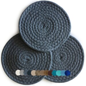 trivets for hot pots and pans - kitchen discovery 8" chenille trivets - set of 3 large woven pot pads for serving hot or cold dishes and protecting your table, countertop or island, charcoal gray