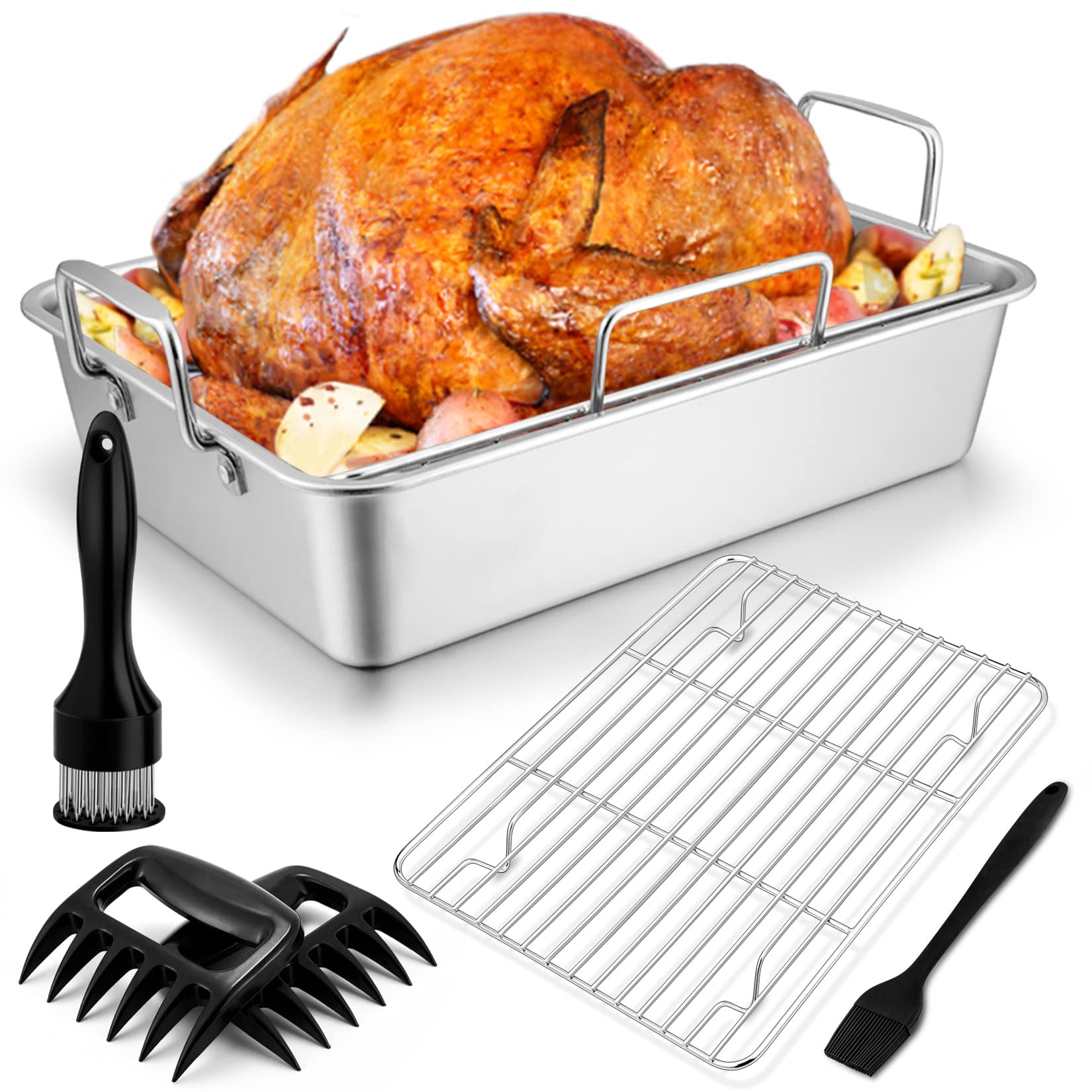 15.3’’ Roasting Pan with Racks, Joyfair 7 Pcs Stainless Steel Large Turkey Roaster Pan with Handle, Cooling Flat Rack/V-rack, Meat Tenderizer/Claws and Brush, Heavy Duty & Multi-Use, Dishwasher Safe