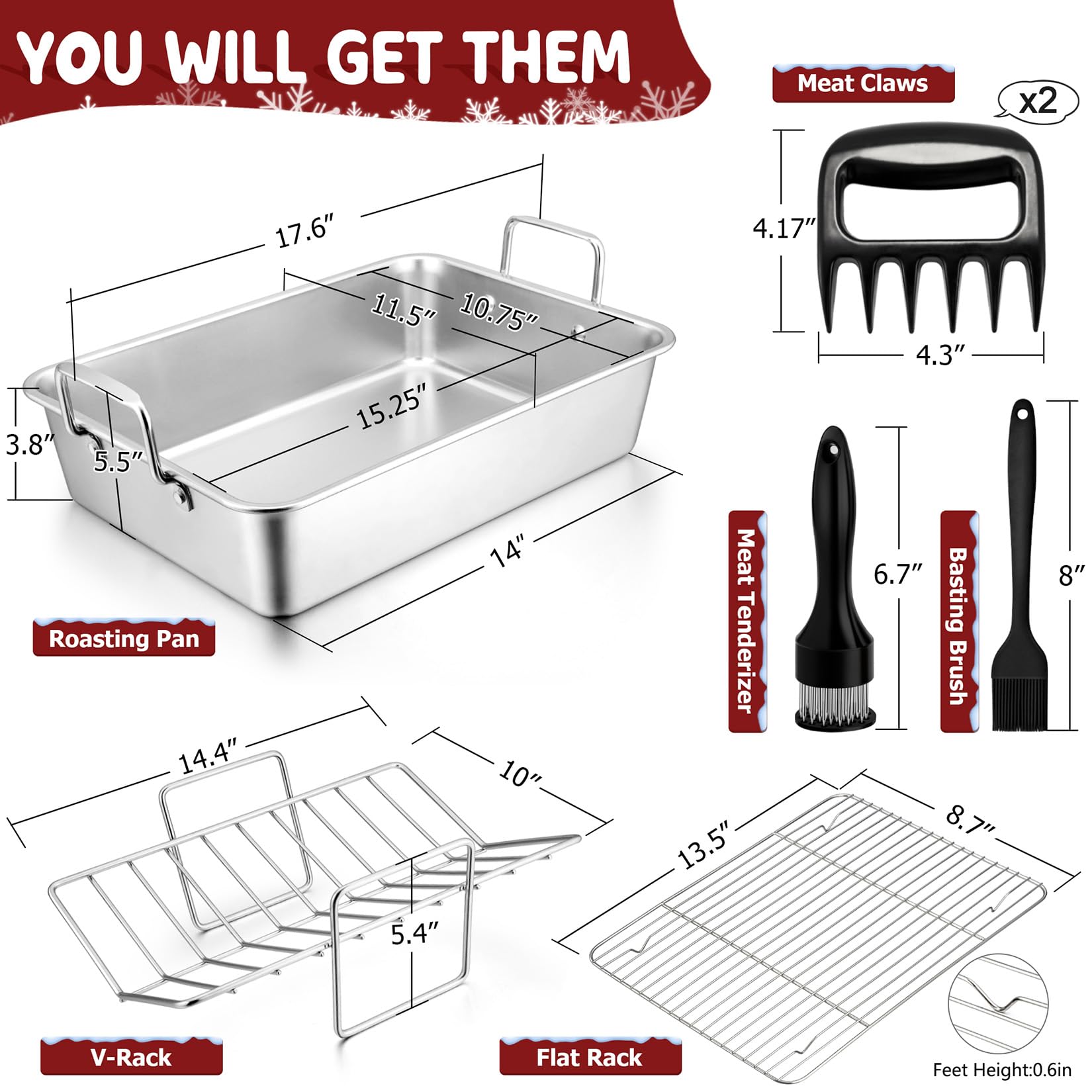 15.3’’ Roasting Pan with Racks, Joyfair 7 Pcs Stainless Steel Large Turkey Roaster Pan with Handle, Cooling Flat Rack/V-rack, Meat Tenderizer/Claws and Brush, Heavy Duty & Multi-Use, Dishwasher Safe