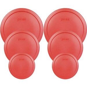 pyrex round storage cover, replacement lids for glass bowl, 2 (6/7) cup red lids, 2 (4) cup red lids, 2 (2) cup red lids, 6 lids total made in the usa