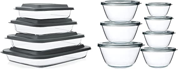 MCIRCO 8 Pcs Glass Baking Dish Set with Lids, 14 Pcs Glass Mixing Bowls Set with Lids, Fridge, Microwave, Oven, Dishwasher Friendly, For Cooking, Baking