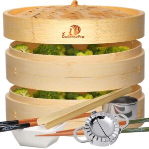 bamboo steamer for cooking 10” -by dosensepro includes 2 tiers, stainless steel dumpling maker, liners, ceramic dish, and bamboo tongs. dumpling steamer basket cooker for healthy low-fat diet