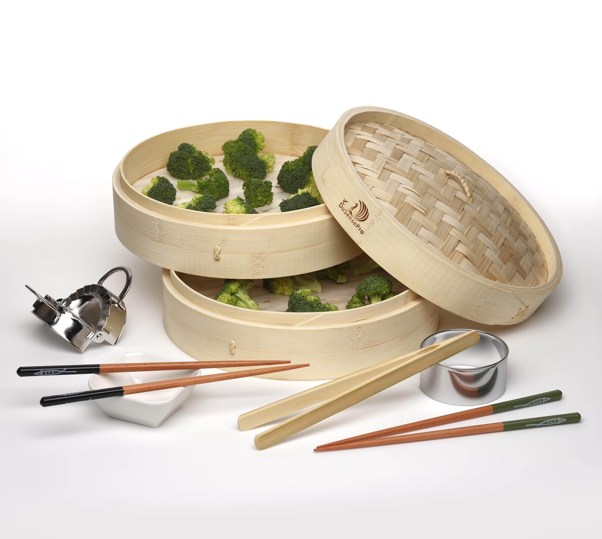 Bamboo Steamer for Cooking 10” -by DoSensePro Includes 2 Tiers, Stainless Steel Dumpling Maker, Liners, Ceramic Dish, and Bamboo Tongs. Dumpling Steamer Basket Cooker for Healthy Low-Fat Diet