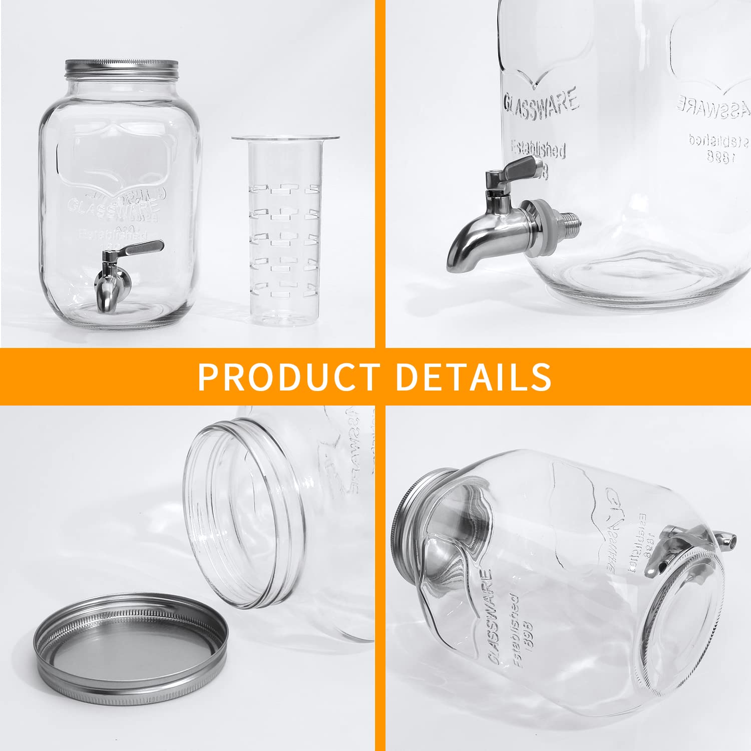 1 Gallon / 4000ml Clear Mason Jar With Lids, Airtight Glass Jars With Stainless Water Faucet and Ice Cylinder Perfect for Beer, Sun Tea, Coffee, Coke and Cold Drinks, 2 pack