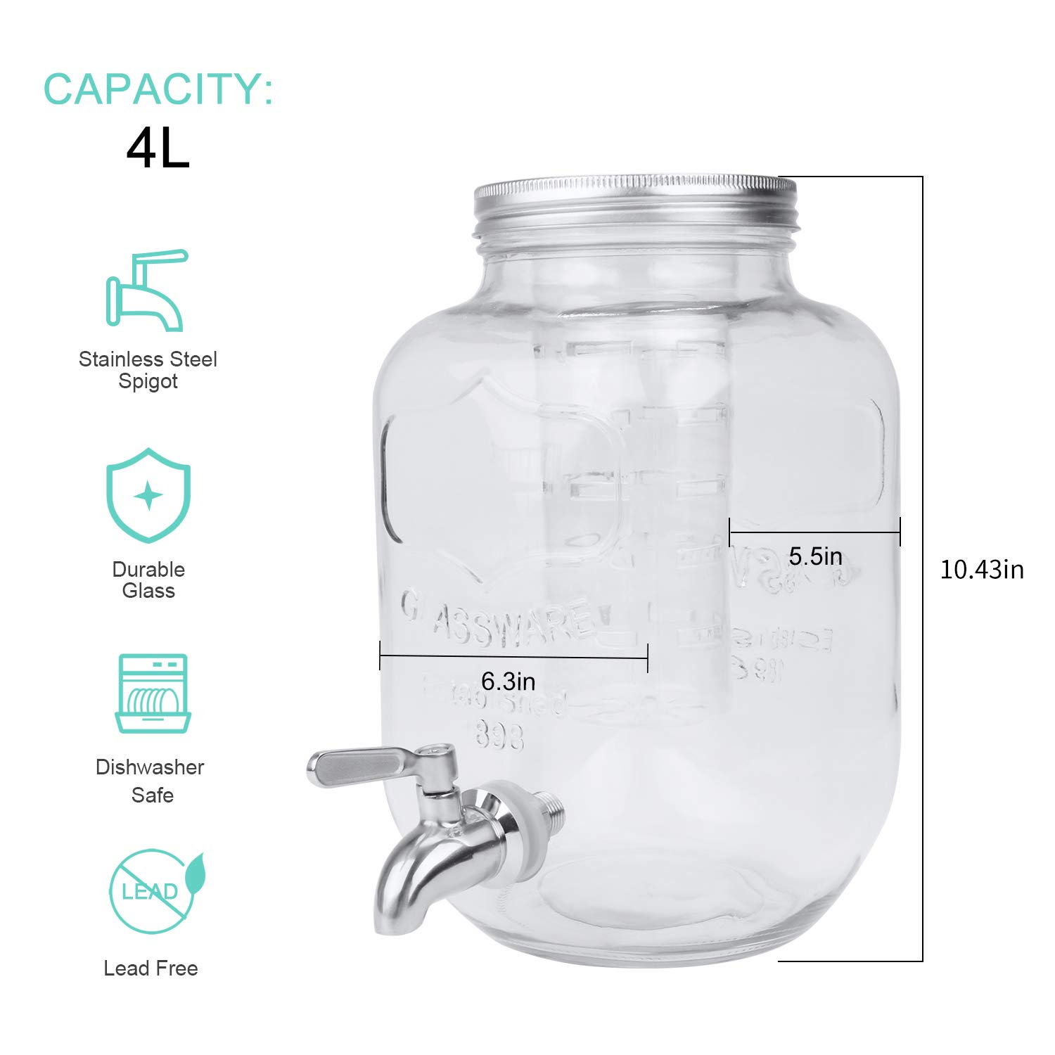 1 Gallon / 4000ml Clear Mason Jar With Lids, Airtight Glass Jars With Stainless Water Faucet and Ice Cylinder Perfect for Beer, Sun Tea, Coffee, Coke and Cold Drinks, 2 pack