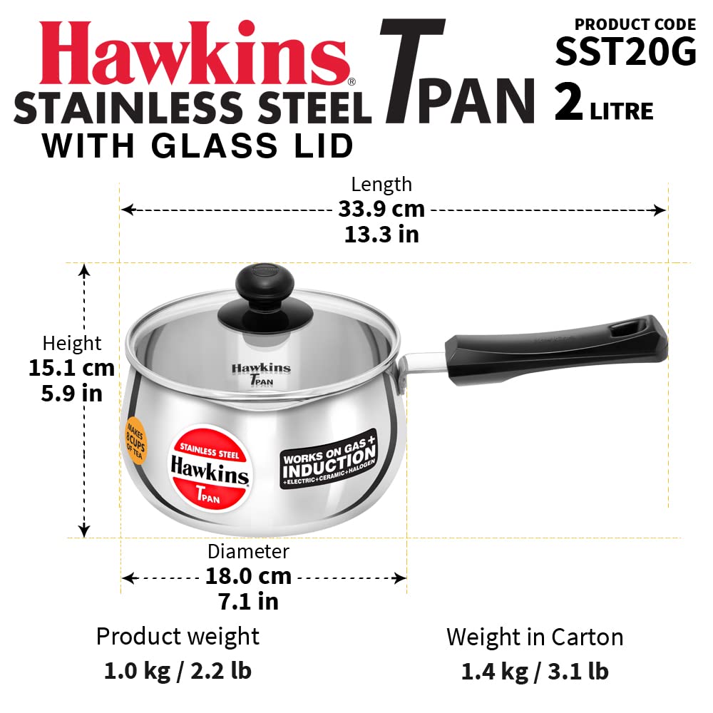 HAWKINS 2 Litre Stainless Steel TPan with Glass Lid, Induction Saucepan, Steel Utensil, Silver (SST20G)