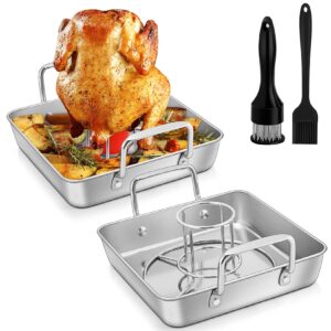 square roasting pan with beer can chicken holder, joyfair 9-in stainless steel roaster baking pans & racks for bbq grilling/home cooking, heavy duty & dishwasher safe - (2 pans + 2 racks, more tools)