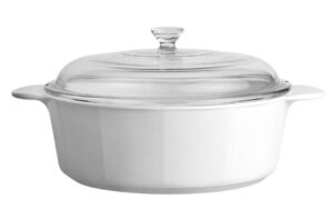 corningware glass-ceramic pyroceram round classic casserole, 2.4 quart / 2.25 liter cooking pot with handles & glass cover - white (medium)