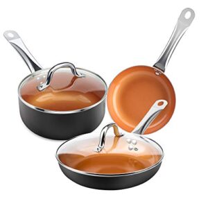 SHINEURI 5 Pieces Copper Cookware Copper Pans and Pot Nonstick Pot and Pans Copper Nonstick Cookware, Ceramic Pot and Pans, Copper Pot - 8 inch Pan, 9.5 inch Frying Pan and 2.5 qt Pot with Lid