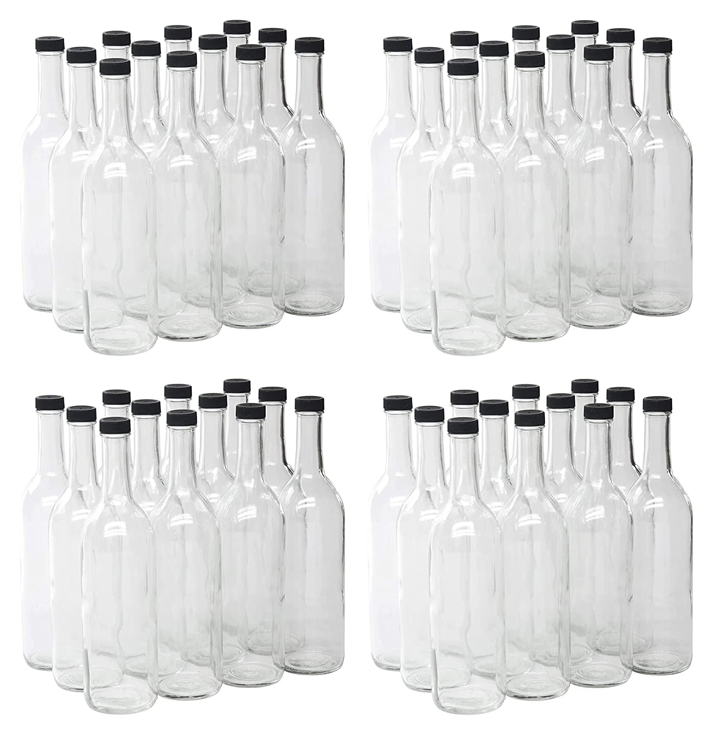 North Mountain Supply 750ml Clear Glass Bordeaux Wine Bottle Flat-Bottomed Screw-Top Finish - with 28mm Matte Black Plastic Lids - 48 Bottles & Lids (4 Cases of 12)