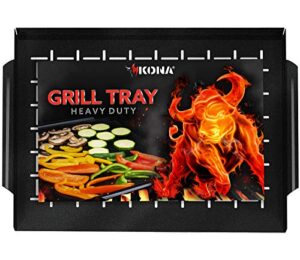 kona grill tray - heavy duty bbq grilling pan will never warp & enameled for easier cleaning - bbq accessory for fish, vegetables, kabobs - 16x12 x1 inch