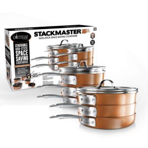 gotham steel stackmaster pots & pans set | space saving 15 piece stackable nonstick cookware set, includes frying pans, skillets, saucepans stock pots + 5 utensils | induction, oven & dishwasher safe