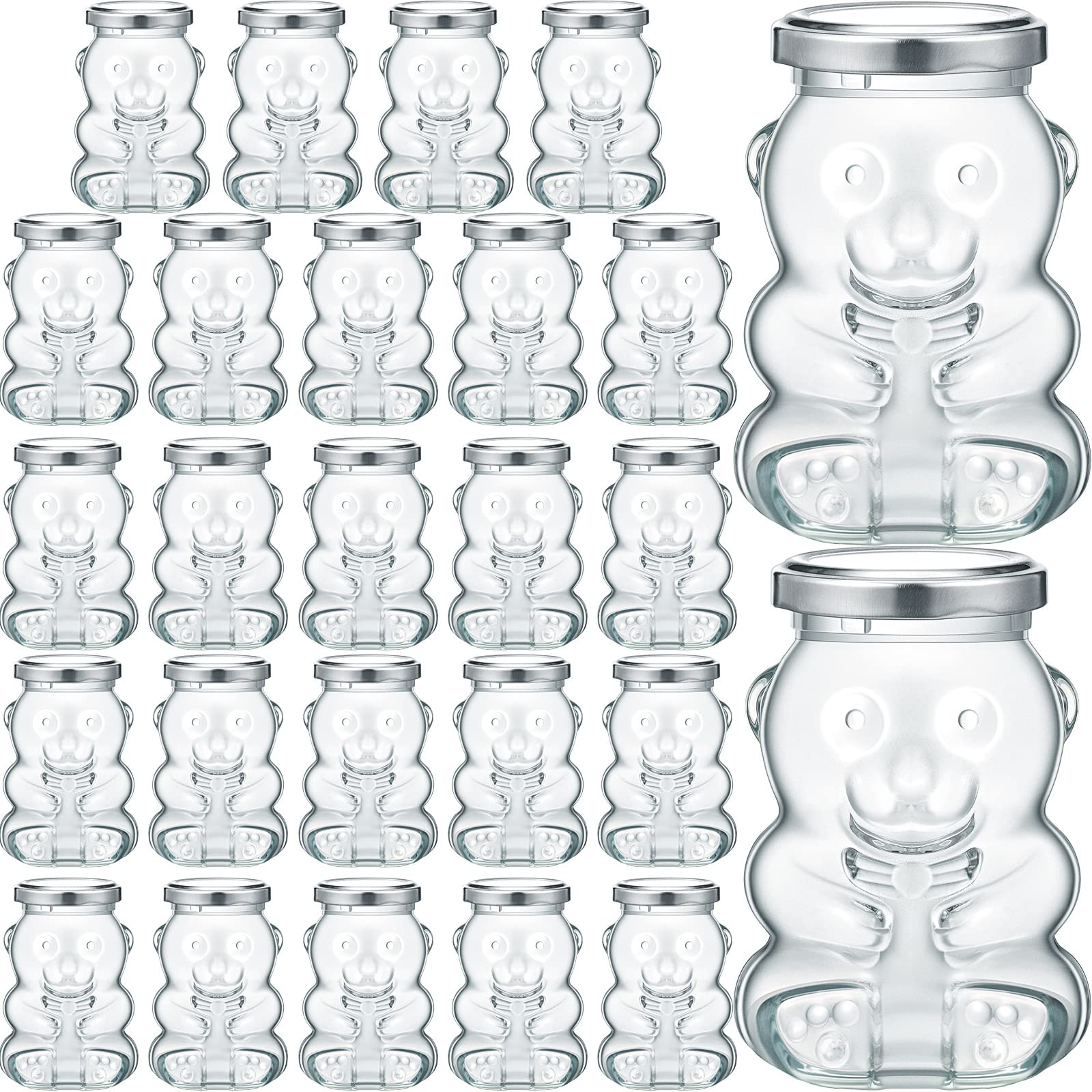 24 Pack 6 oz Glass Honey Bear Jars Glass Honey Bottles with Silver Lids Reusable Small Bear Shaped Jars Honey Bear Bottle Containers Dispenser for Candies, Baby Shower, Wedding Party Favors