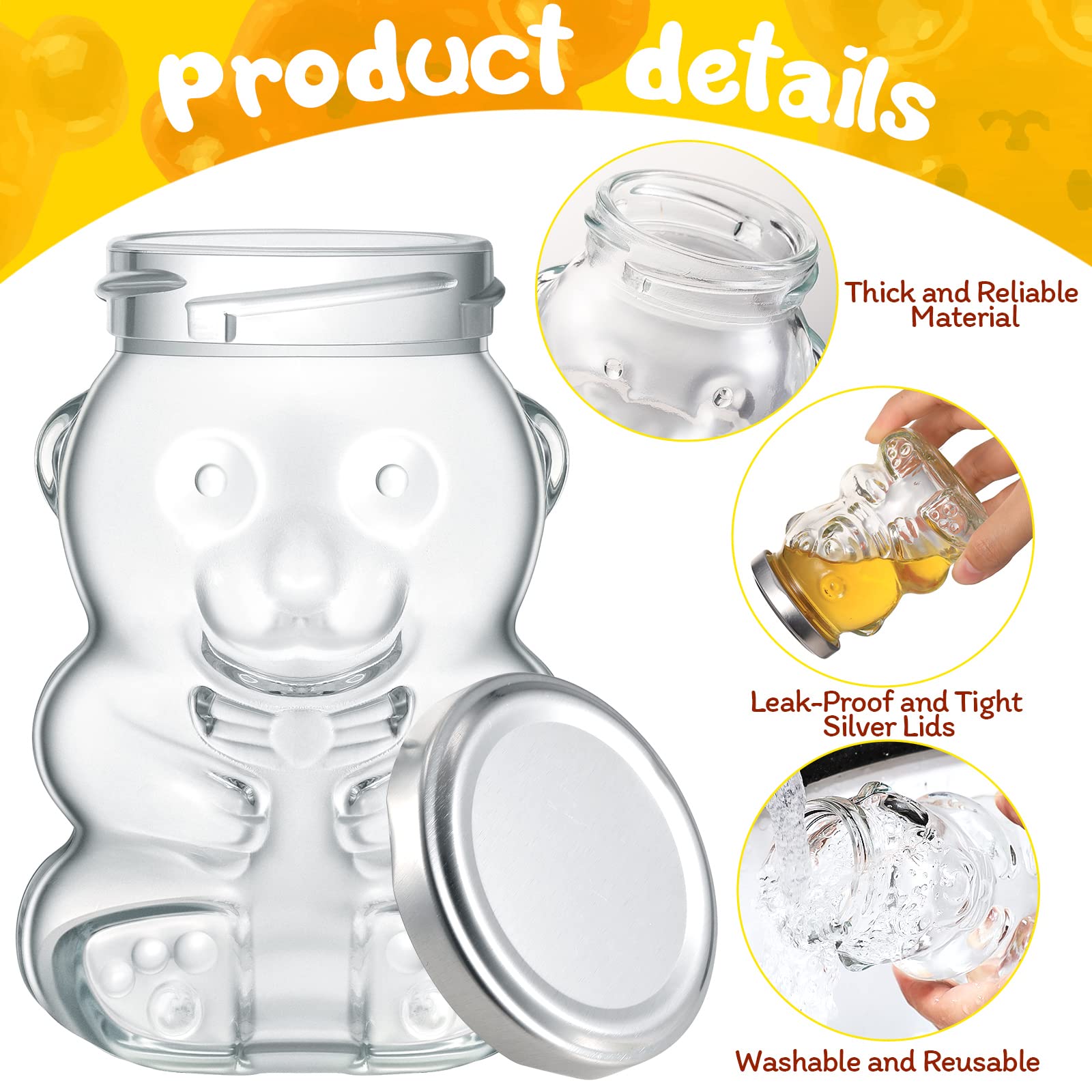 24 Pack 6 oz Glass Honey Bear Jars Glass Honey Bottles with Silver Lids Reusable Small Bear Shaped Jars Honey Bear Bottle Containers Dispenser for Candies, Baby Shower, Wedding Party Favors