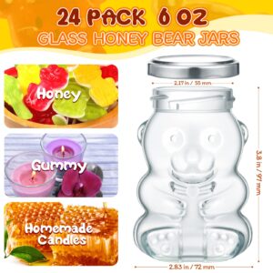 24 Pack 6 oz Glass Honey Bear Jars Glass Honey Bottles with Silver Lids Reusable Small Bear Shaped Jars Honey Bear Bottle Containers Dispenser for Candies, Baby Shower, Wedding Party Favors