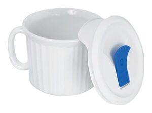 corningware french white pop-ins 20-ounce mug with blue vented plastic cover, white