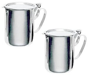 two commercial stainless steel creamers - flat stackable lid