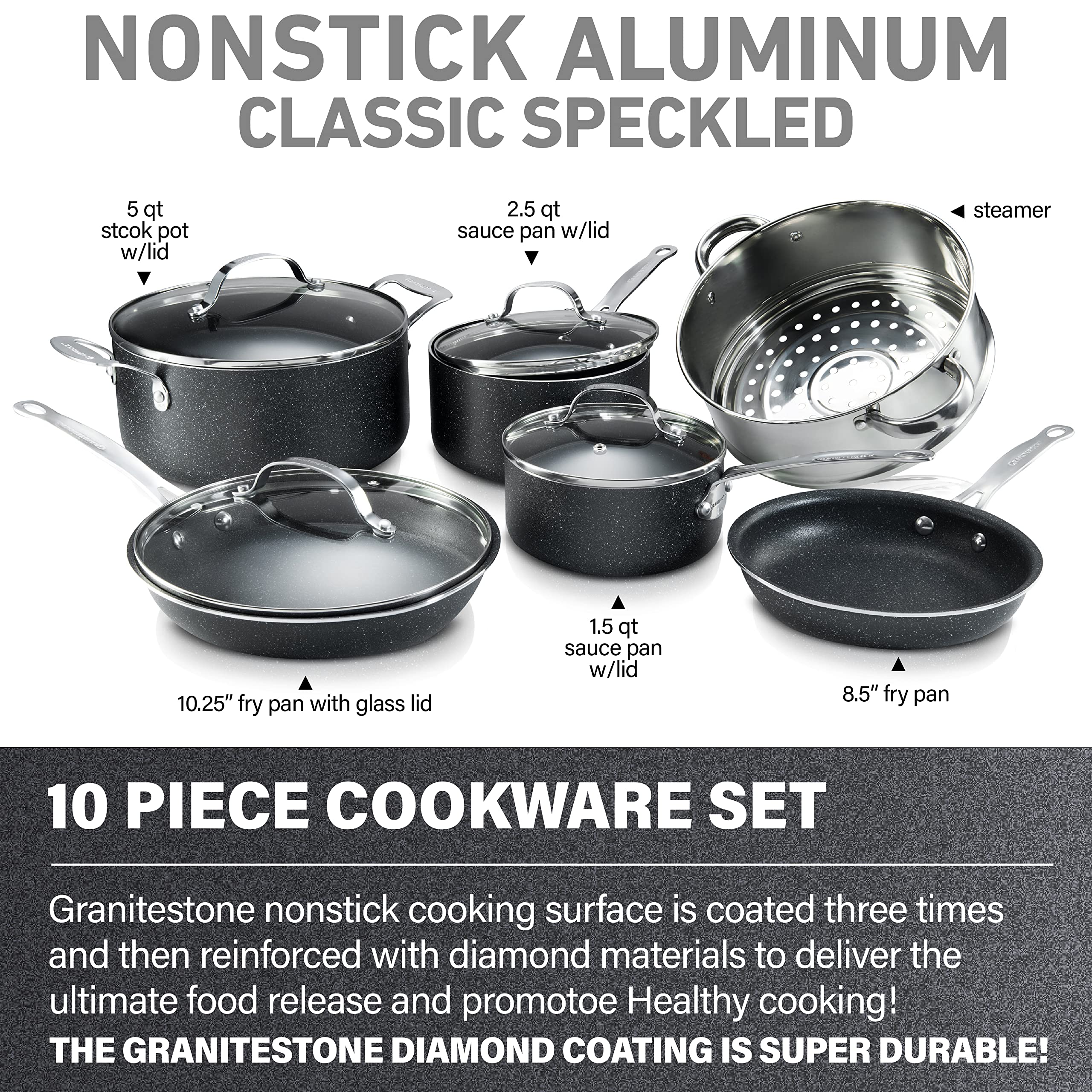 Granitestone Original 10 Piece Nonstick Cookware Set, Scratch-Resistant, Granite-Coated, Dishwasher and Oven-Safe Kitchenware, PFOA-Free Pots and Pans As Seen On TV