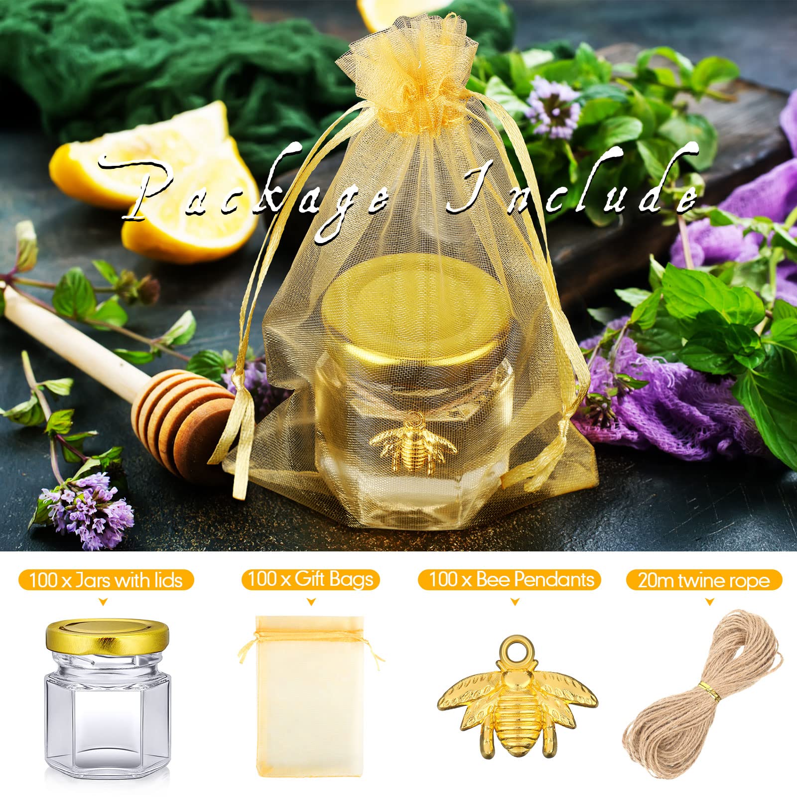 Nuogo 100 Set 1.5 oz Mini Hexagon Glass Honey Jars Small Honey Jars with Bee Pendants, Twine, Golden Gift Bags, Honey Jars with Gold Lids Glasses Canning Jars for Baby Shower, Wedding Favors