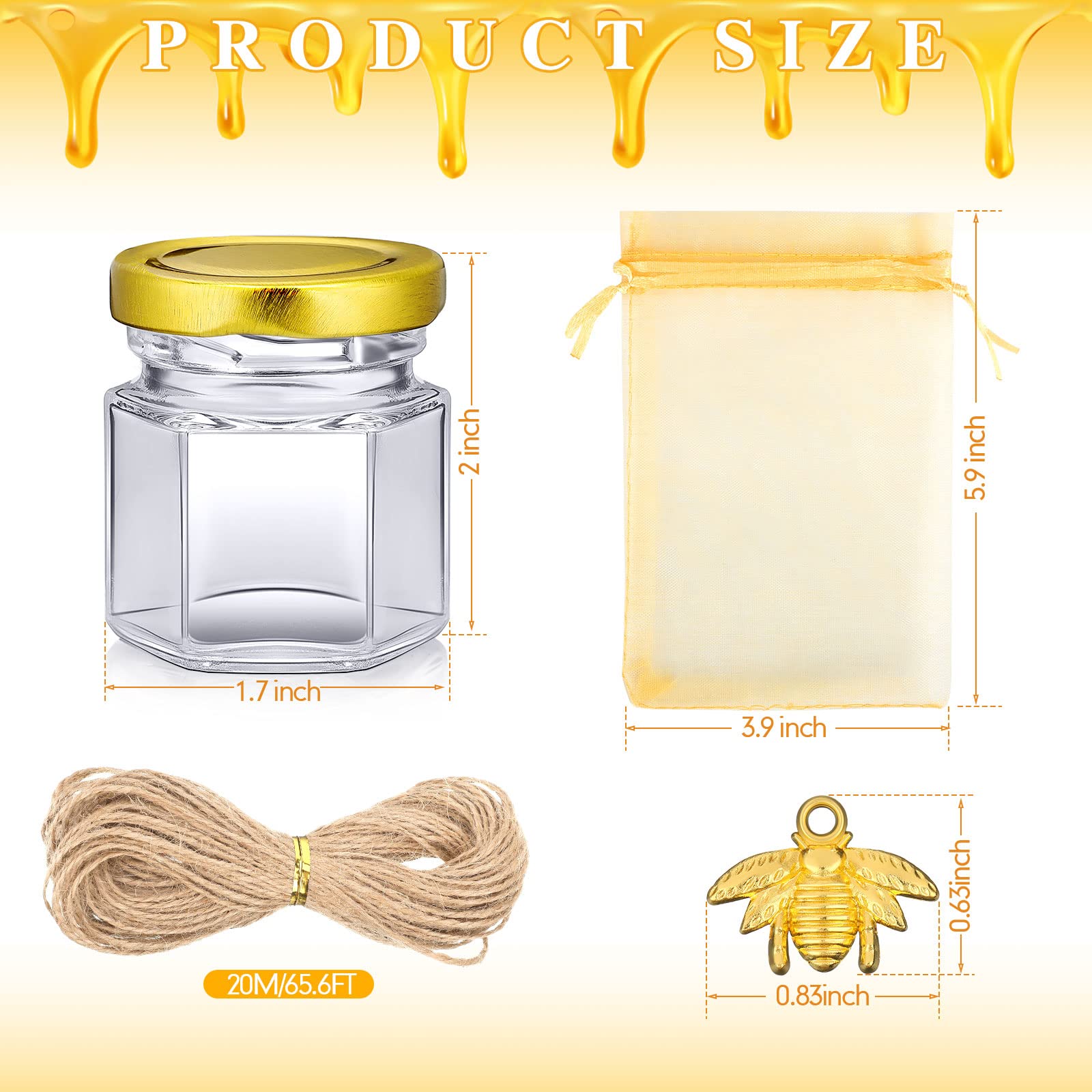 Nuogo 100 Set 1.5 oz Mini Hexagon Glass Honey Jars Small Honey Jars with Bee Pendants, Twine, Golden Gift Bags, Honey Jars with Gold Lids Glasses Canning Jars for Baby Shower, Wedding Favors