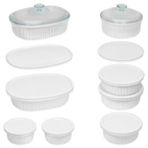 durable non-porous french white 18 piece ceramic made and oven and microwave safe bakeware set with lid by corningware