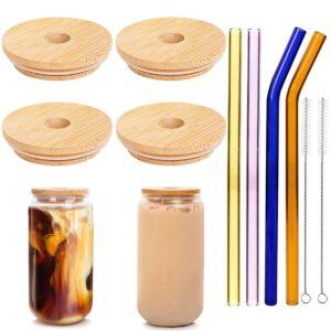 bamboo lids for beer can glass, anotion mason jar lids with straw hole, 4 reusable bamboo mason jar drinking lids for regular mouth mason jar with 4 muti-color glass straw for coffee boba cup