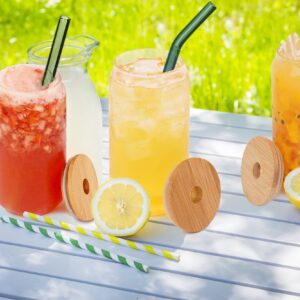 Bamboo Lids for Beer Can Glass, ANOTION Mason Jar Lids with Straw Hole, 4 Reusable Bamboo Mason Jar Drinking Lids for Regular Mouth Mason Jar with 4 Muti-Color Glass Straw for Coffee Boba Cup