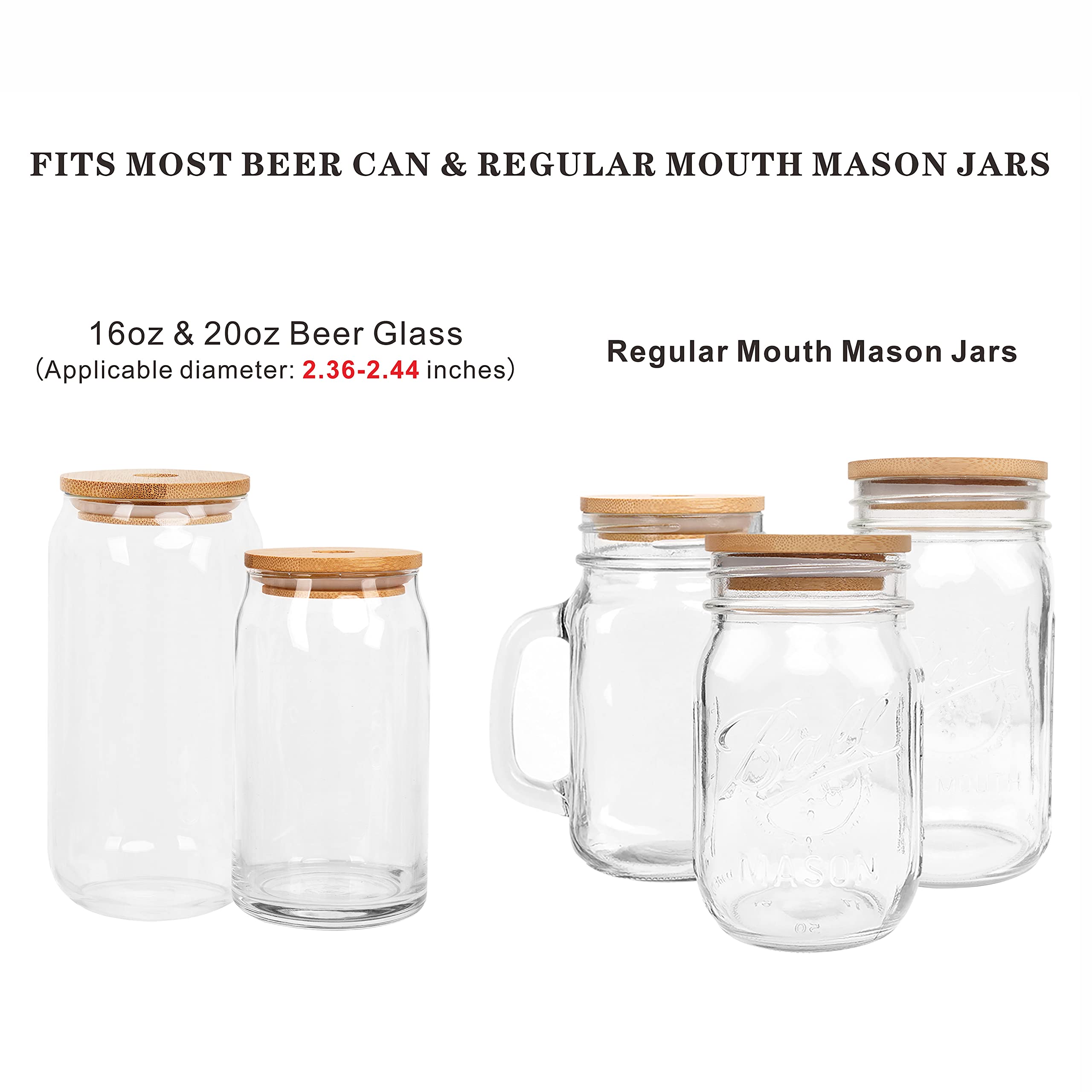 Bamboo Lids for Beer Can Glass, ANOTION Mason Jar Lids with Straw Hole, 4 Reusable Bamboo Mason Jar Drinking Lids for Regular Mouth Mason Jar with 4 Muti-Color Glass Straw for Coffee Boba Cup