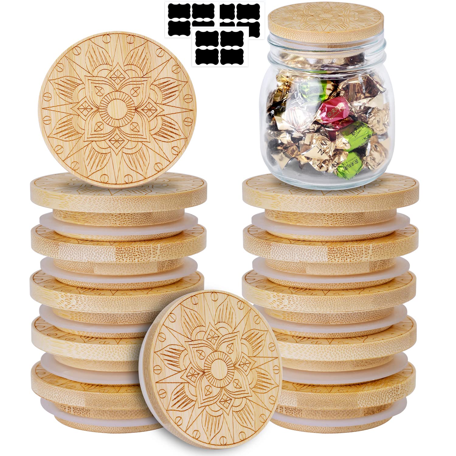 12 Pack Oui Yogurt Jar Lids Set, Natural Bamboo Wood Lids that Fit Oui Yogurt Jars, Oui Lids with Silicone Sealing Rings Perfect Sealing